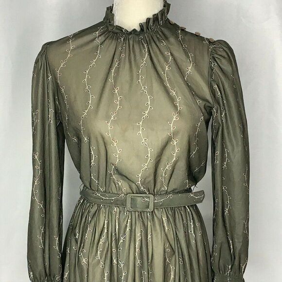 Vintage 70s Secretary Midi Dress Womens M Green Paisley Ruffle Collar Belted - Picture 2 of 9